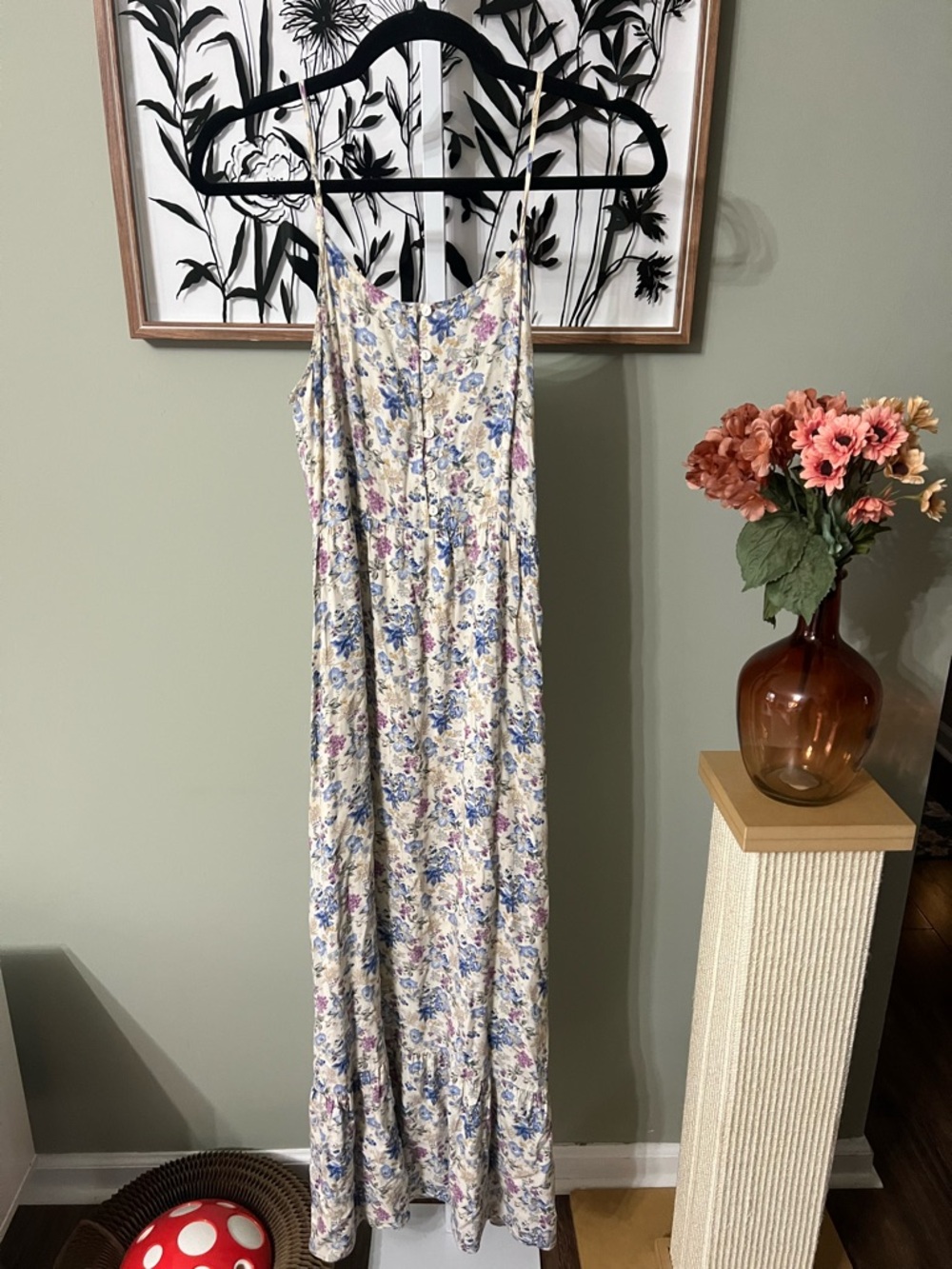 Pins And Needles Anthropologie Cream Blue Purple Floral Sleeveless Maxi Dress S